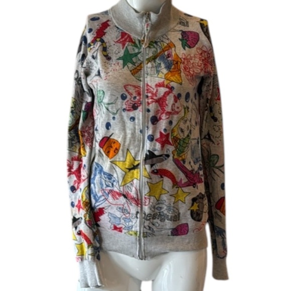 Desigual Artsy Gray Multi Zippered Cotton Knit Jacket Size Medium - Picture 12 of 12